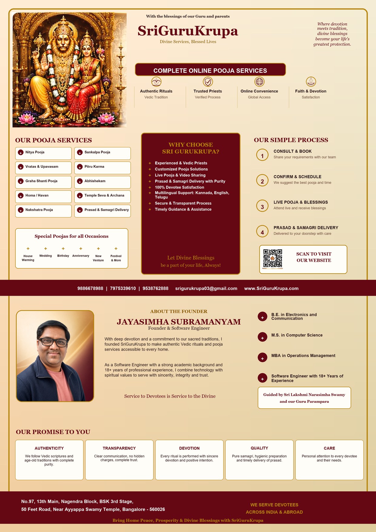 Front of the SriGuruKrupa pamphlet with pooja services, service process and founder profile