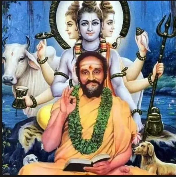 Supplied devotional artwork of Sri Sridhara Swami with Lord Dattatreya