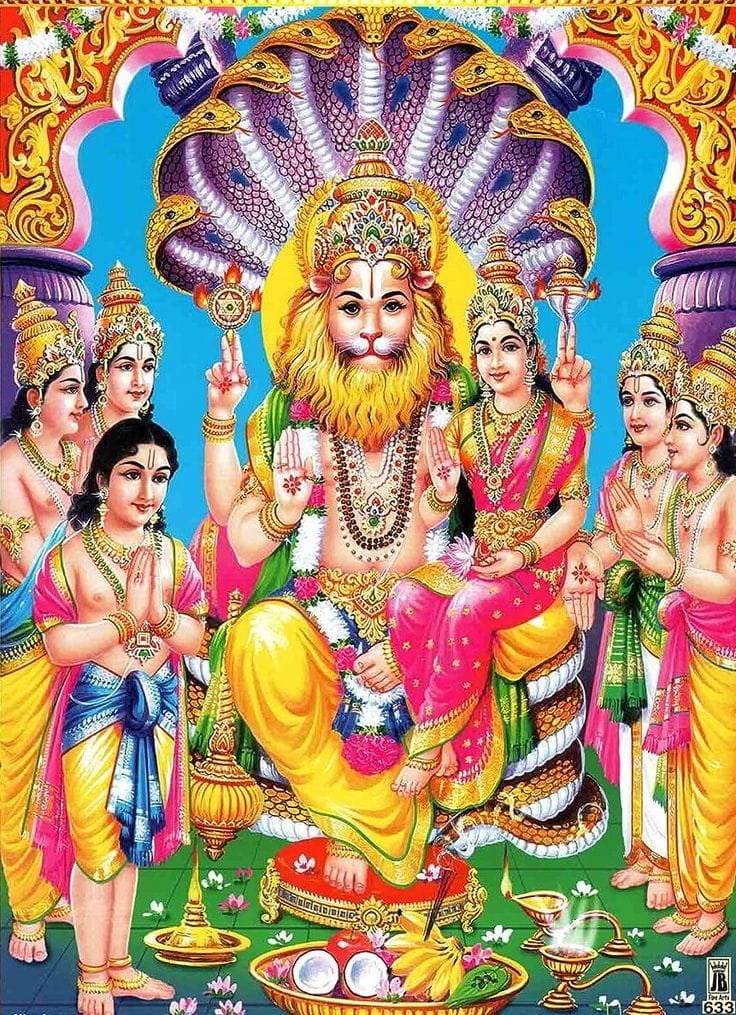 Supplied devotional artwork of Sri Lakshmi Narasimha Swamy with Goddess Lakshmi